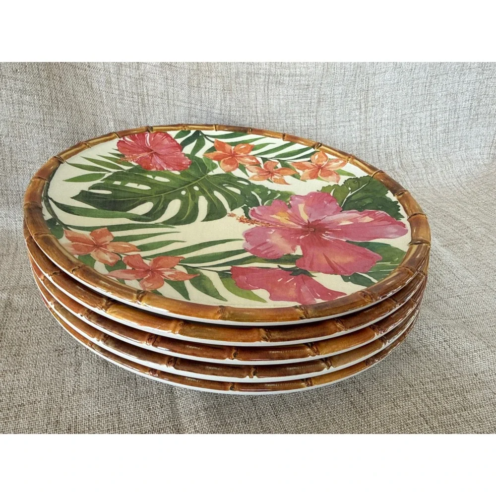 Outdoor Collection Melamine Plates 11 Inch Tropical Floral Bamboo Rim Excellent